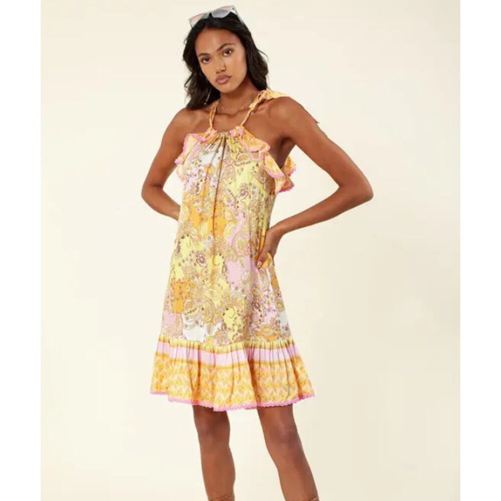 Hale Bob Idina Silk Dress in Yellow/Pink Paisley with Belt size M